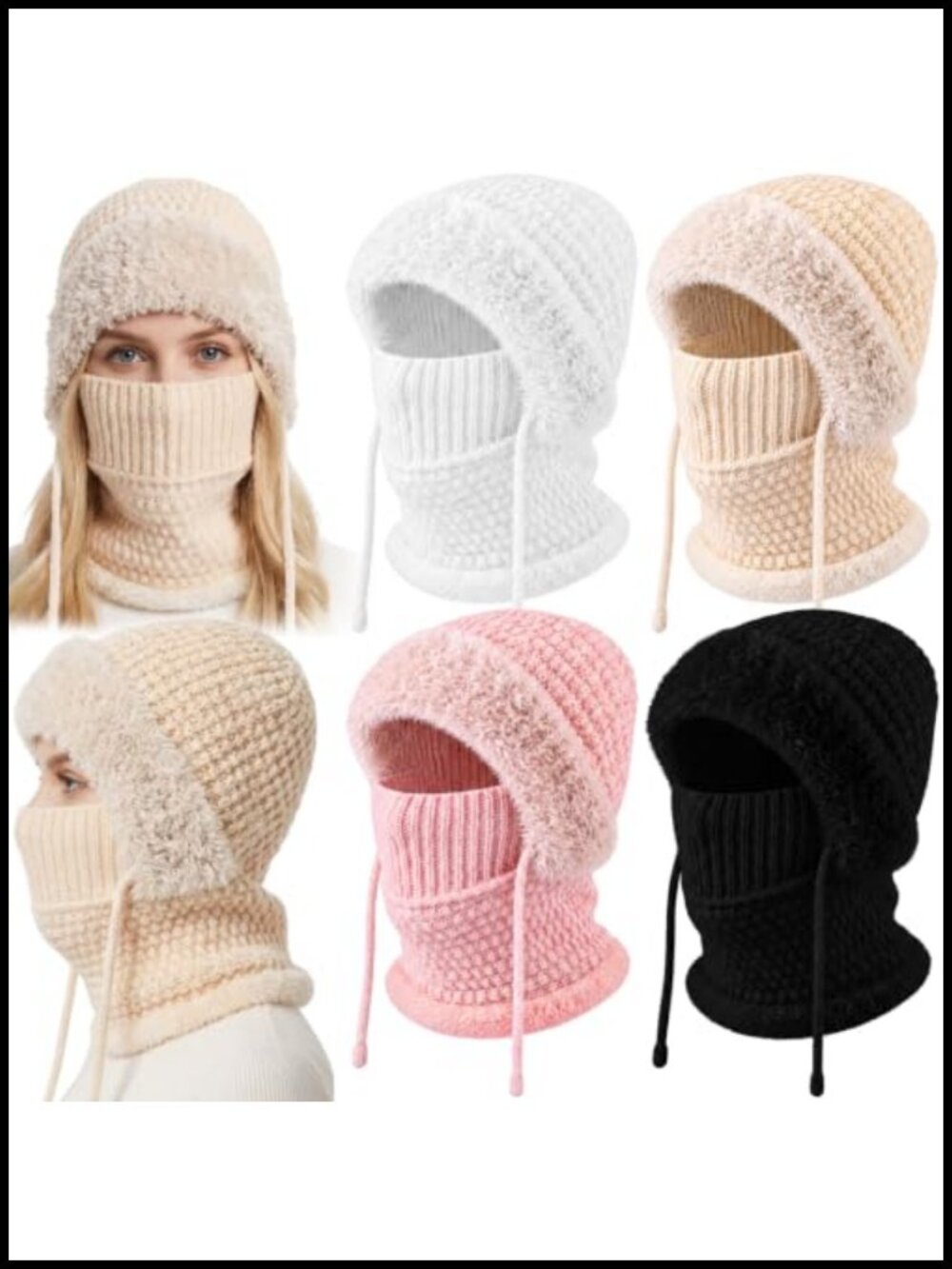 4 Pc Winter Knit 3 in 1 Beanie Hat Scarf Mask Set Fleece Lined Women